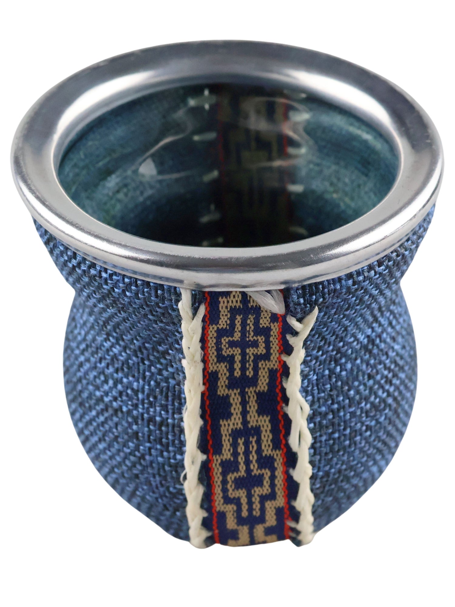 Glazen Maté Beker – Geweven Blauw met Guaraní-patroon